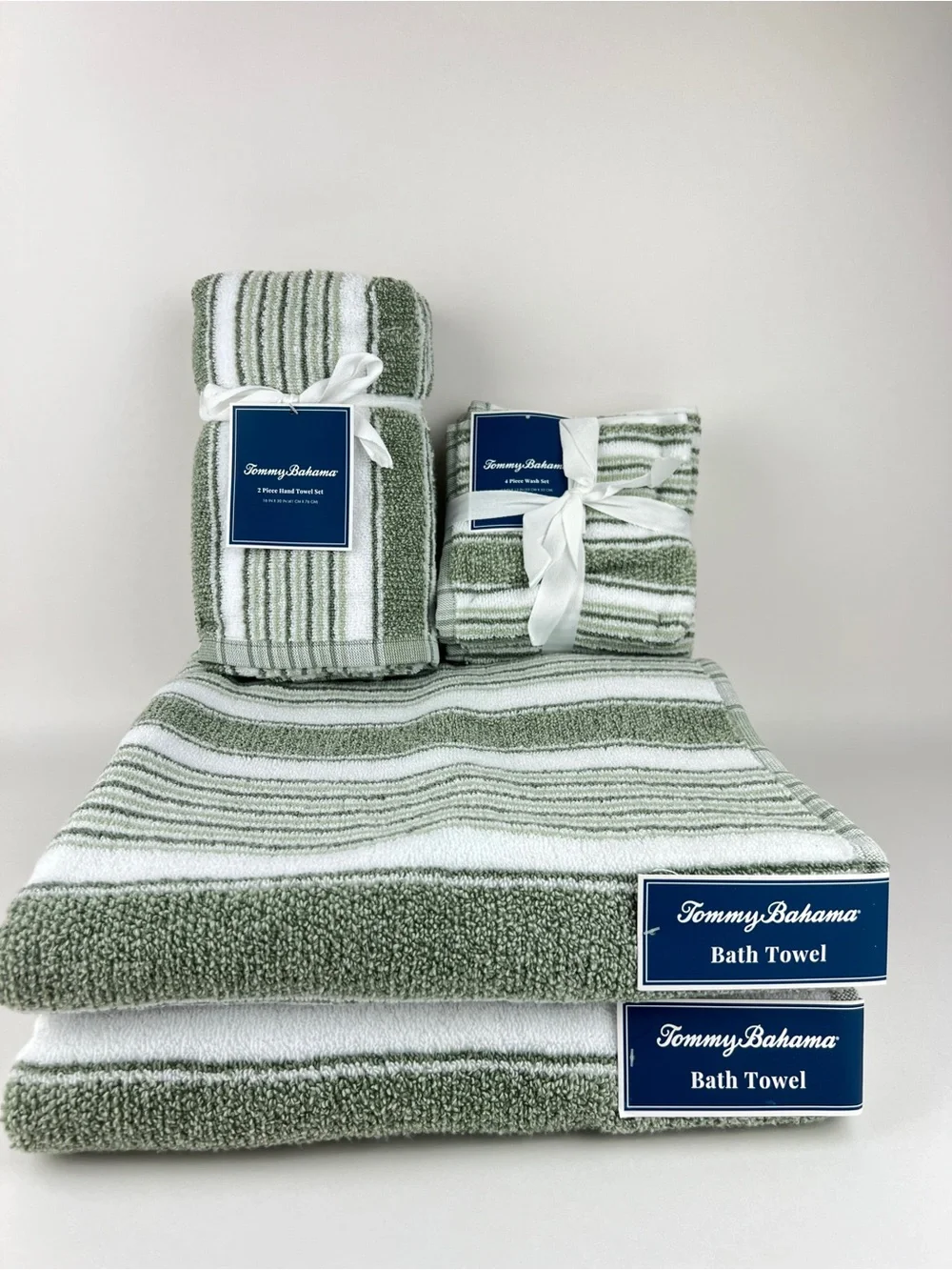 Tommy Bahama Bath Towels Riviera Sage Green White Striped Soft Cotton 8 Pc NEW